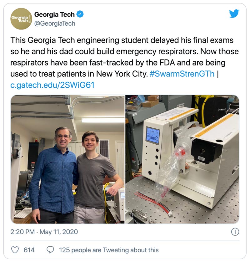 Tweet about a Georgia Tech student developing a respirator 